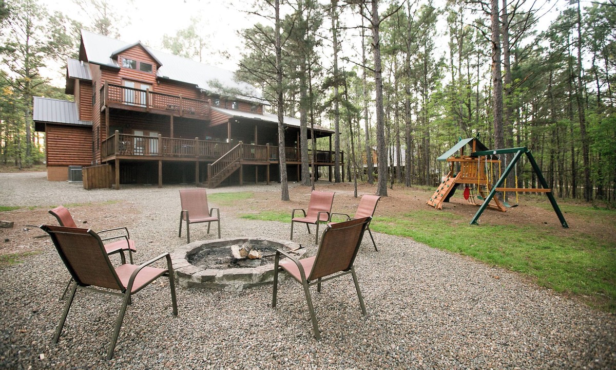 Broken Bow Cabin | Treasured Times-Spacious living area; Hot tub; Playset; Large yard!