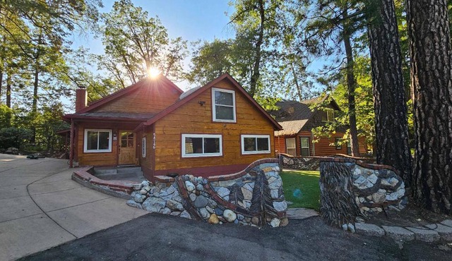 Knotty Pine Cabin with Artisan Stone Patio - Walk to Bass Lake