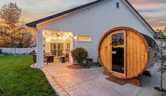 Relaxing Sauna Retreat Fire Pit and Swing Set